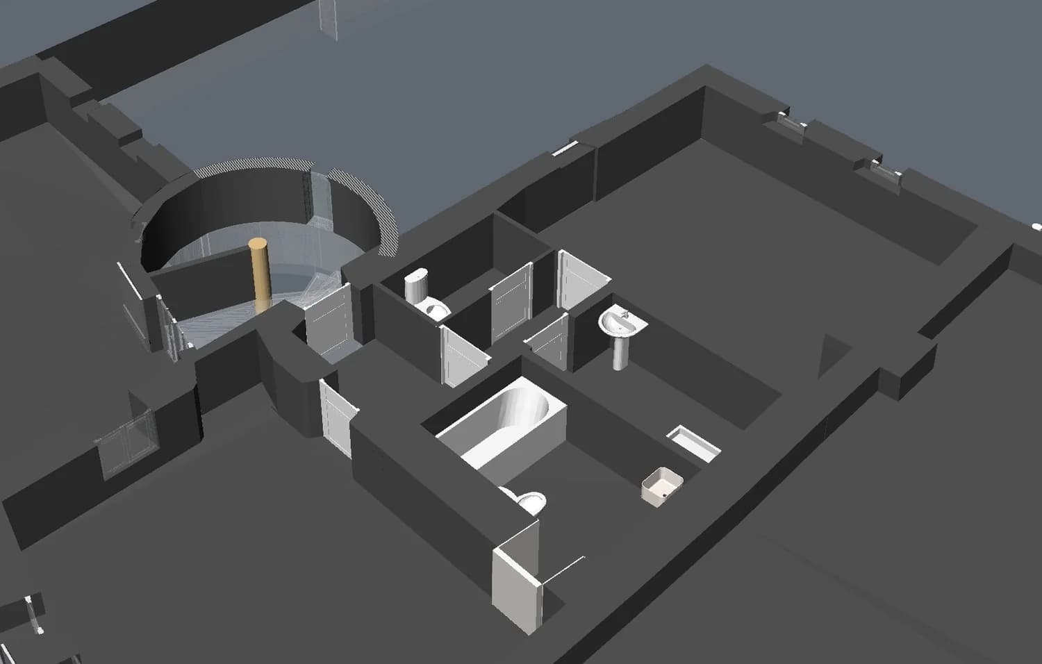 Salle de bain modélisée avec sanitaires détaillés et volume voûté