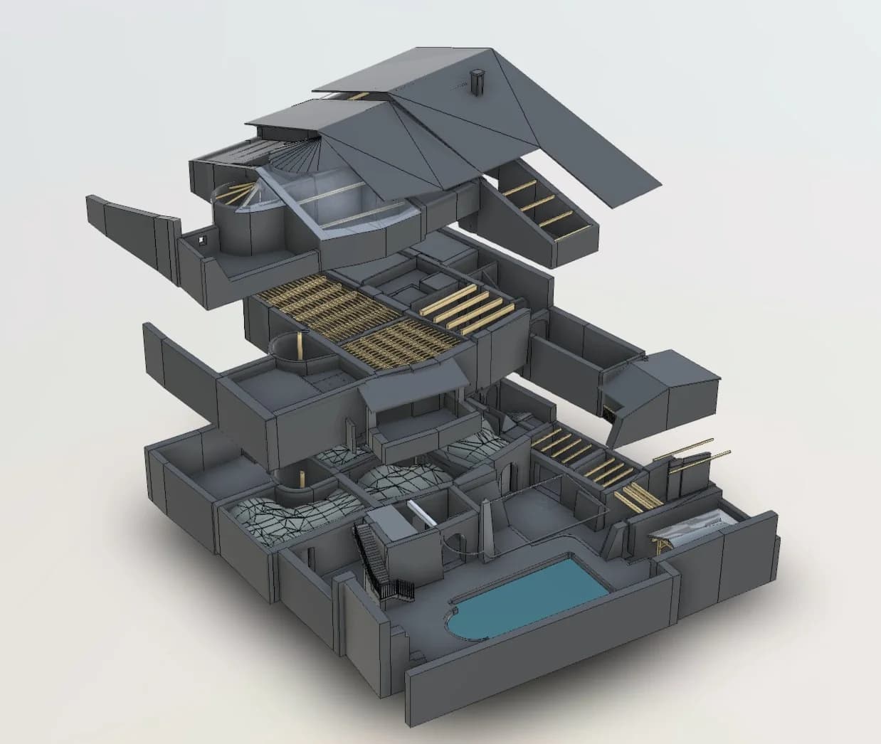 Vue éclatée de la maquette BIM montrant chaque niveau du bâtiment