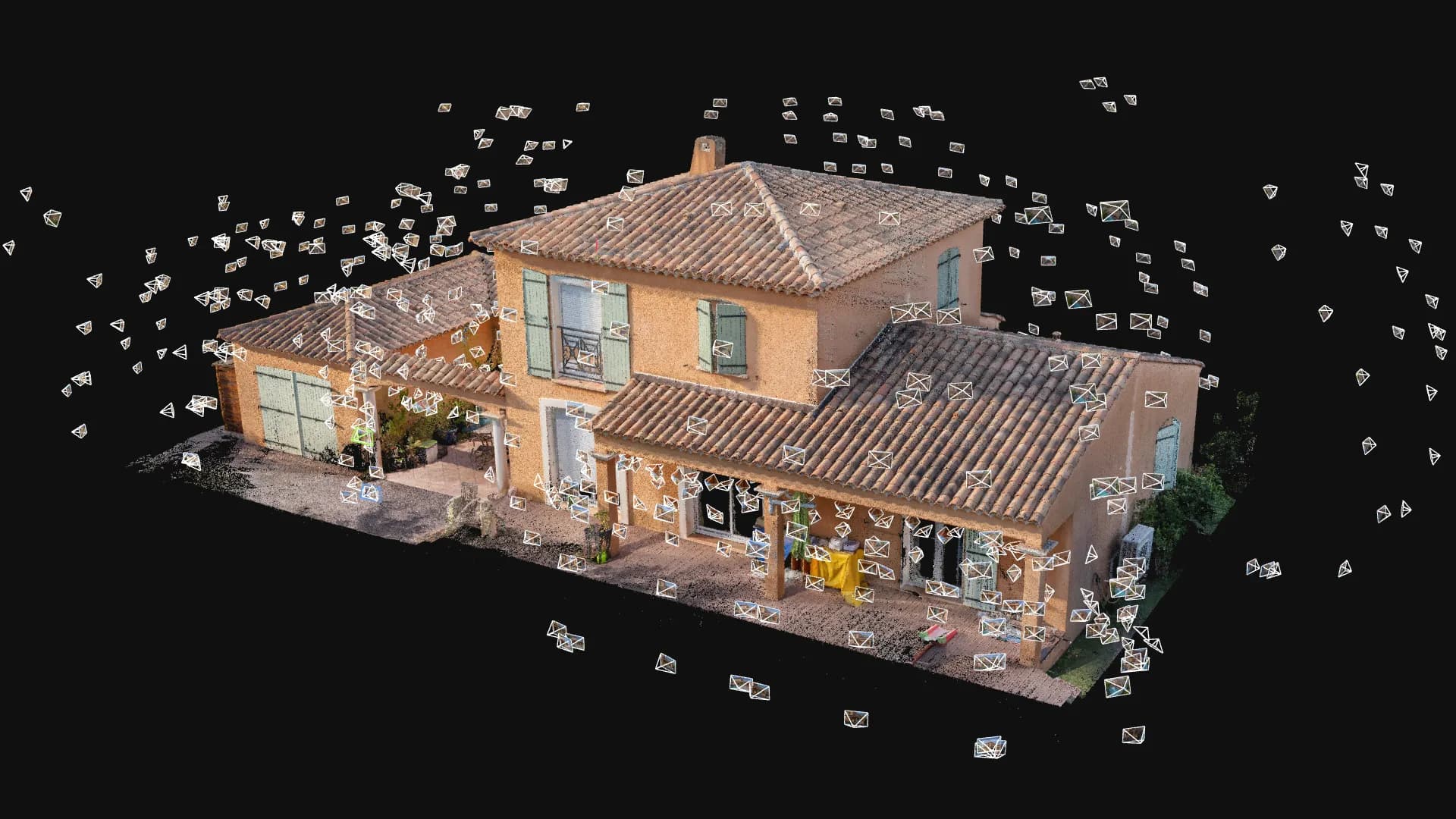 Position des caméras ayant permis de reconstituer un modèle 3D de maison individuelle