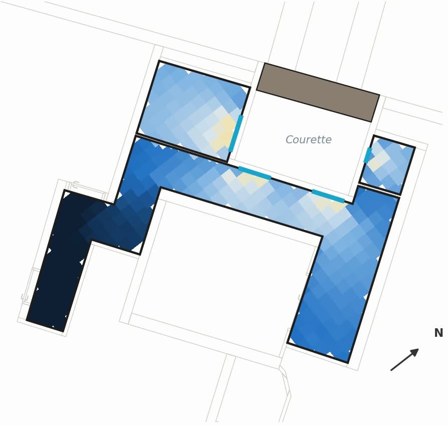 Le même plan après la construction : les mailles passent au bleu, beaucoup moins de lumière