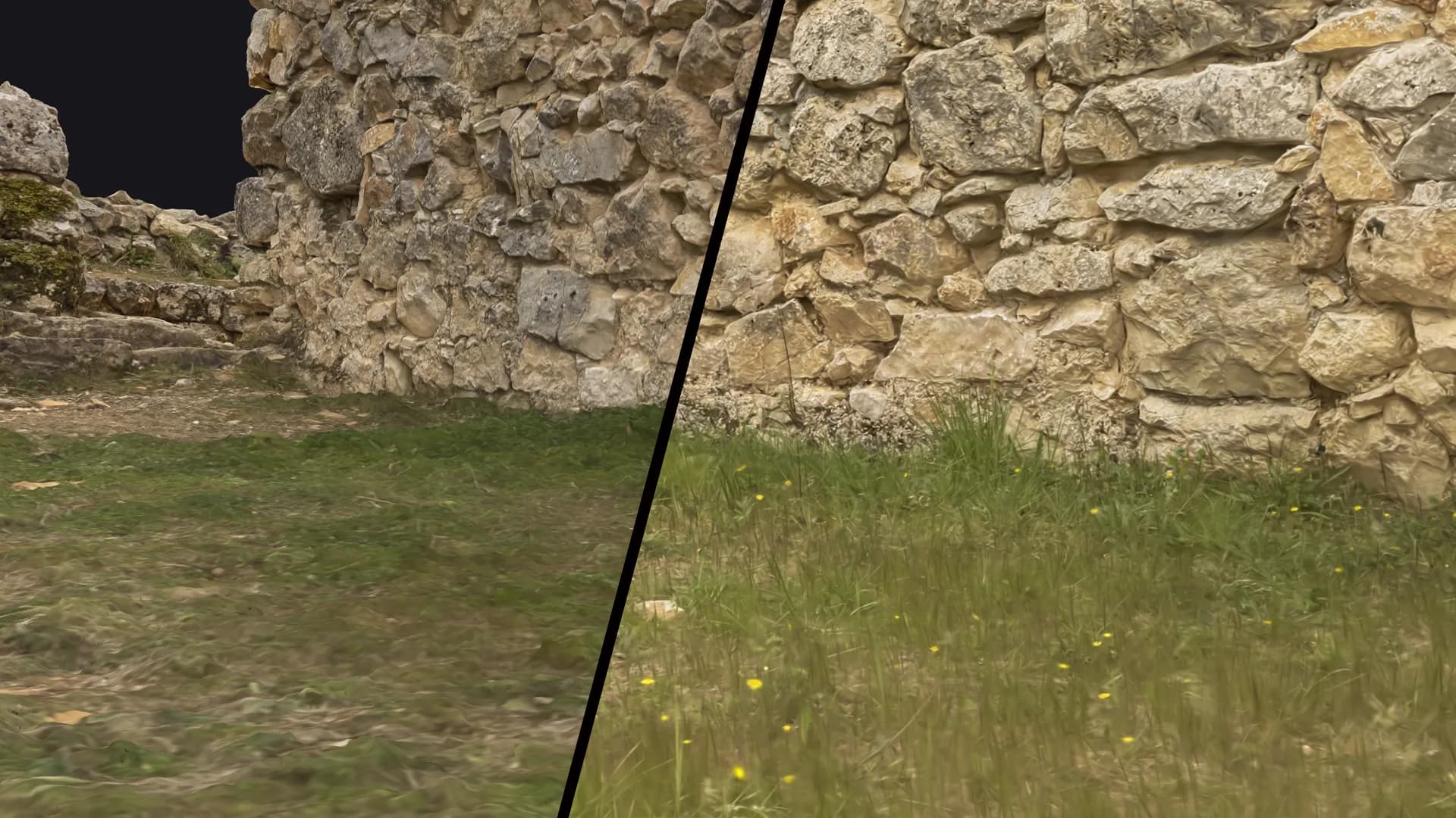 Différences de restitution des détails entre le mesh texturé à gauche et le gaussian splatting à droite