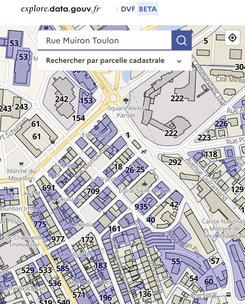 Carte de l’explorateur DVF sur le quartier du Mourillon à Toulon : les parcelles qui ont connu au moins une vente sont colorées en bleu
