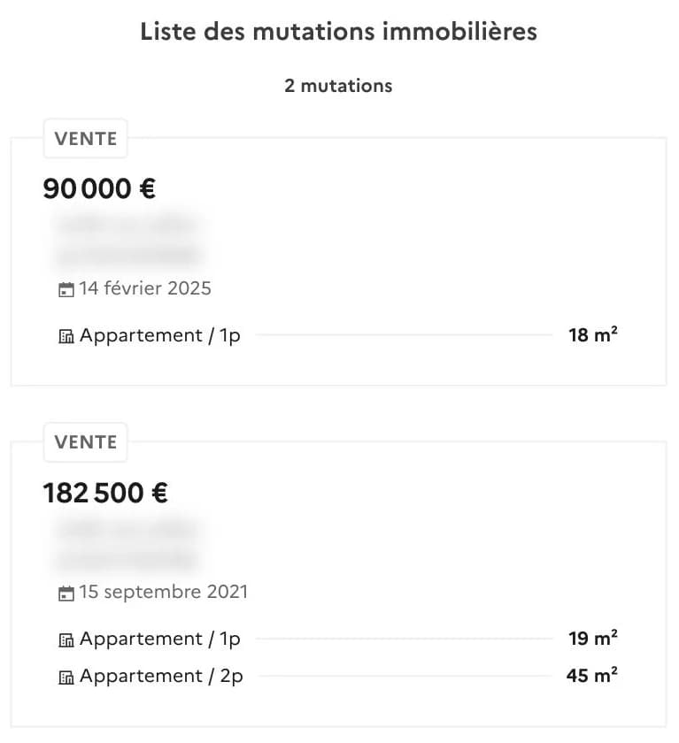 Liste des ventes d’une parcelle dans l’explorateur DVF : deux ventes, avec leur prix, leur date, le type de lot et sa surface