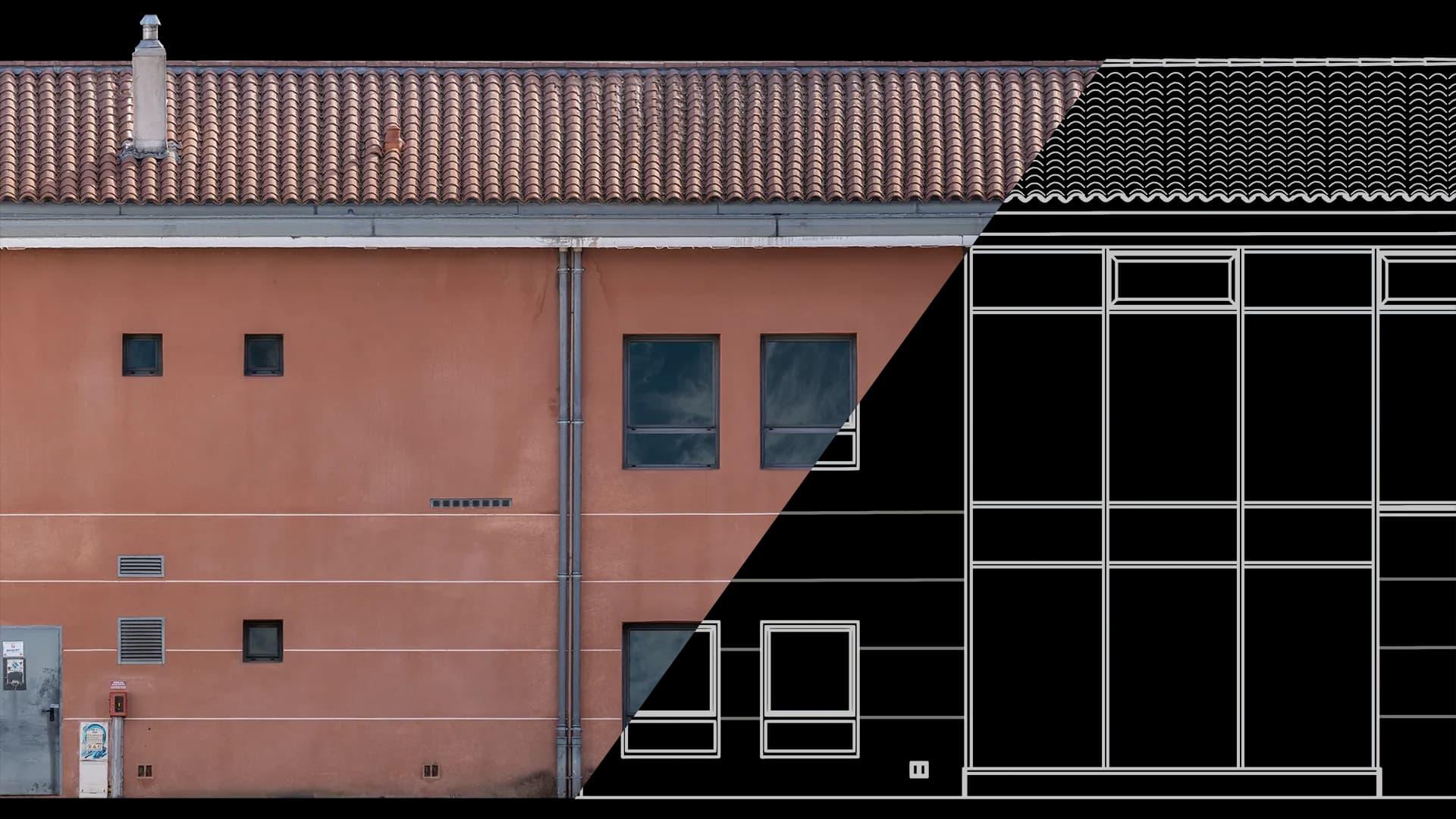 Orthophotographie de la façade de la médiathèque de Draguignan avec dessin superposé