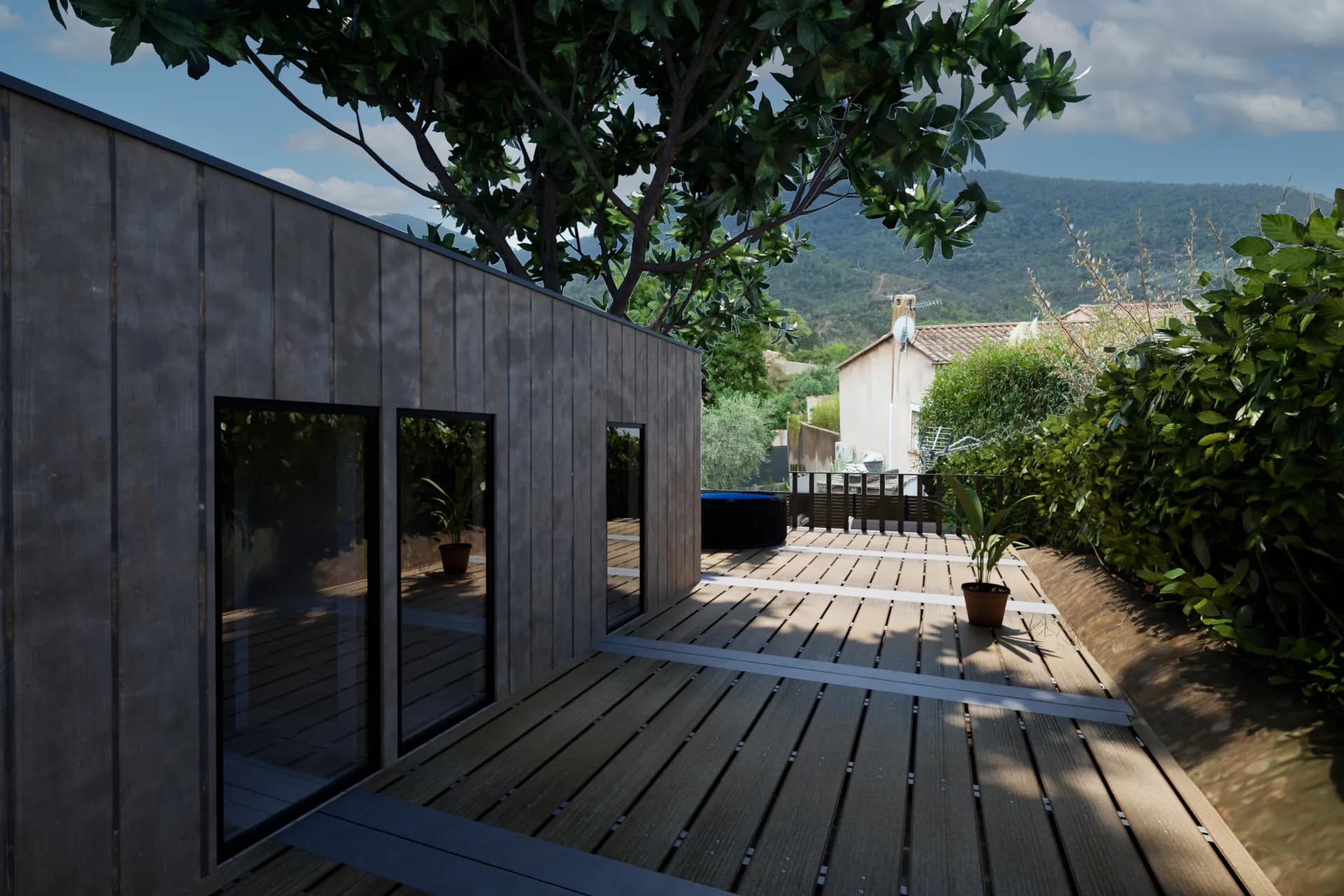 Visualisation architecturale du chalet en bois sur son terrain à Sainte-Maxime