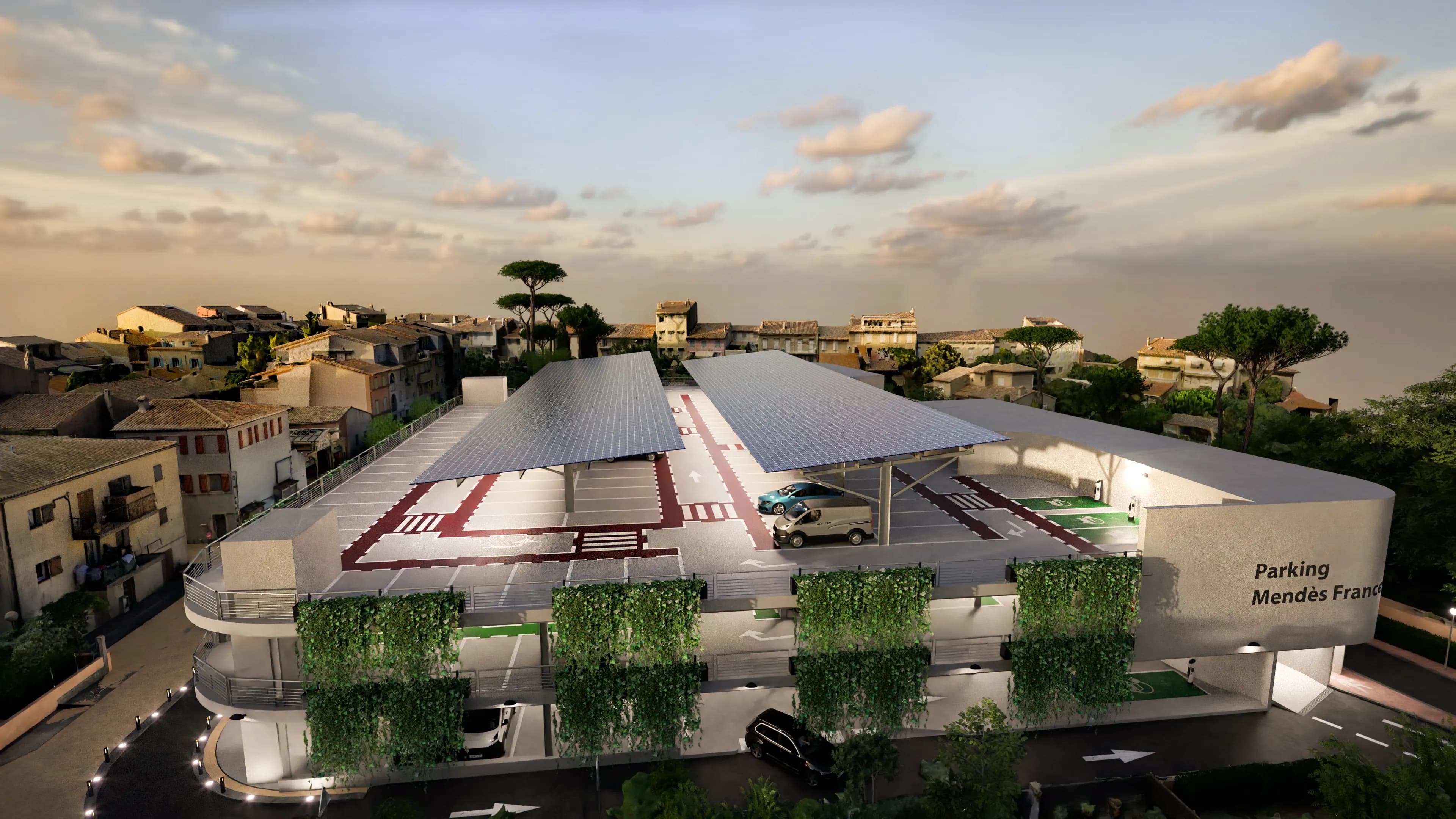 Archviz parking Mendes — vue aérienne de l'insertion dans l'environnement réel