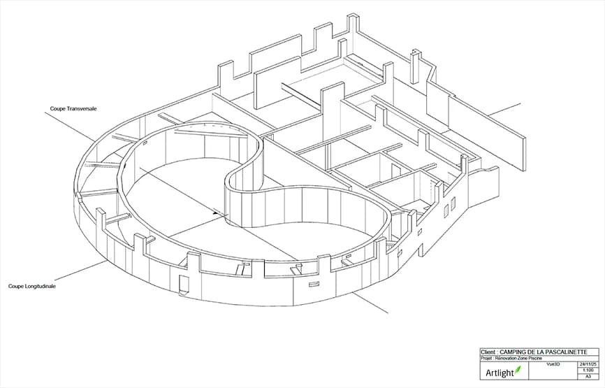 Plan 2D coté extrait du scan 3D — vue en coupe du bassin
