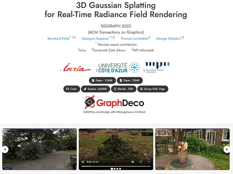 Page du projet 3D Gaussian Splatting for Real-Time Radiance Field Rendering — SIGGRAPH 2023