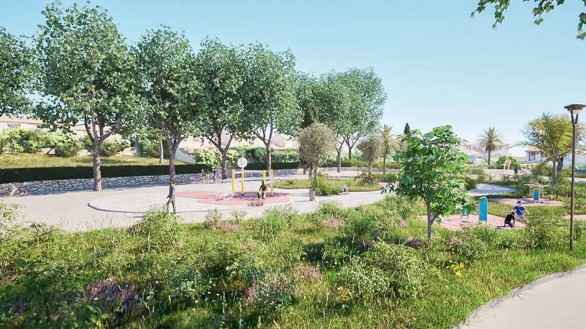 Représentation d'un aménagement de parc urbain dans son environnement avant travaux