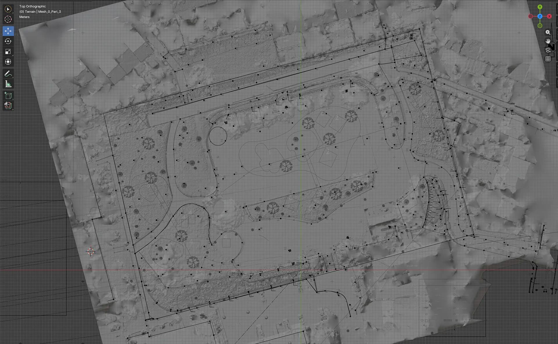 Superposition du plan DWG avec le modèle photogrammétrique d'un parc urbain