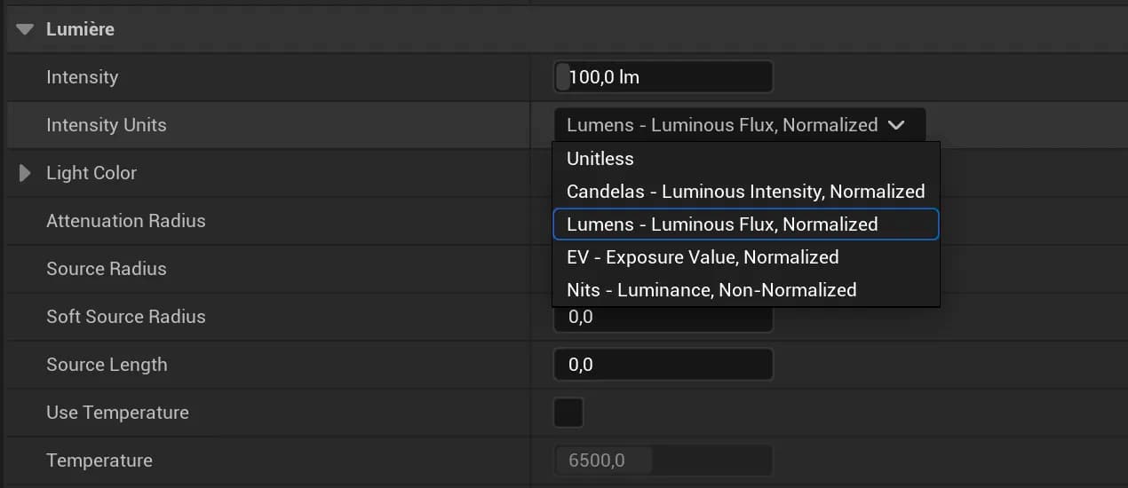 Liste des unités photométriques disponibles sous Unreal Engine
