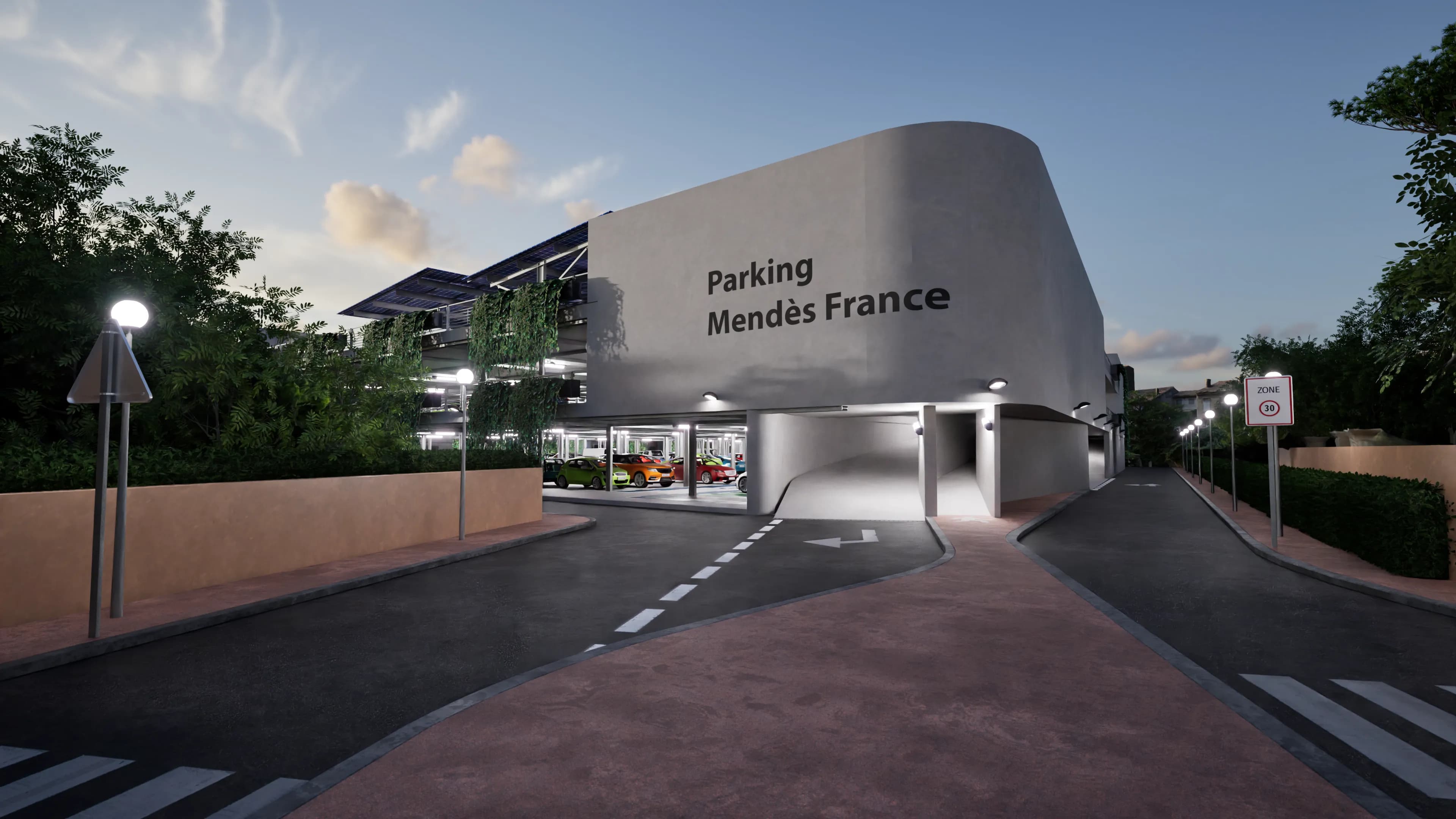 Parking Mendes — vue de l'entrée