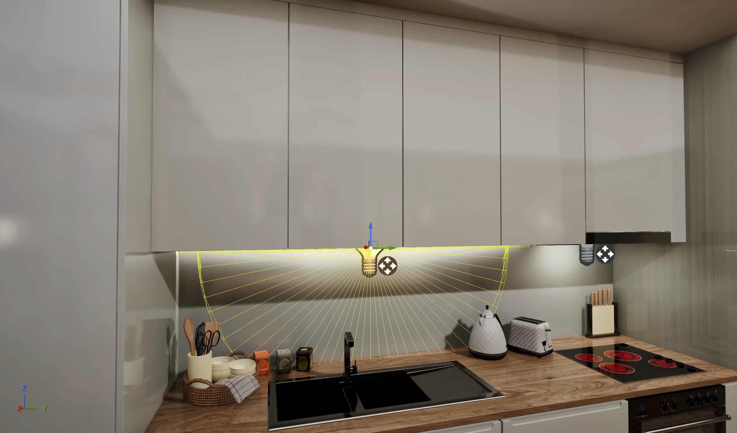 Simulation d'éclairage — rendu 3D d'une cuisine